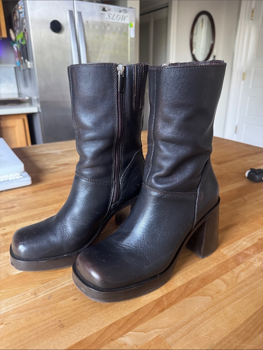 Steve Madden Fusion Dark Brown Leather Block Heel Mid-Calf Boots